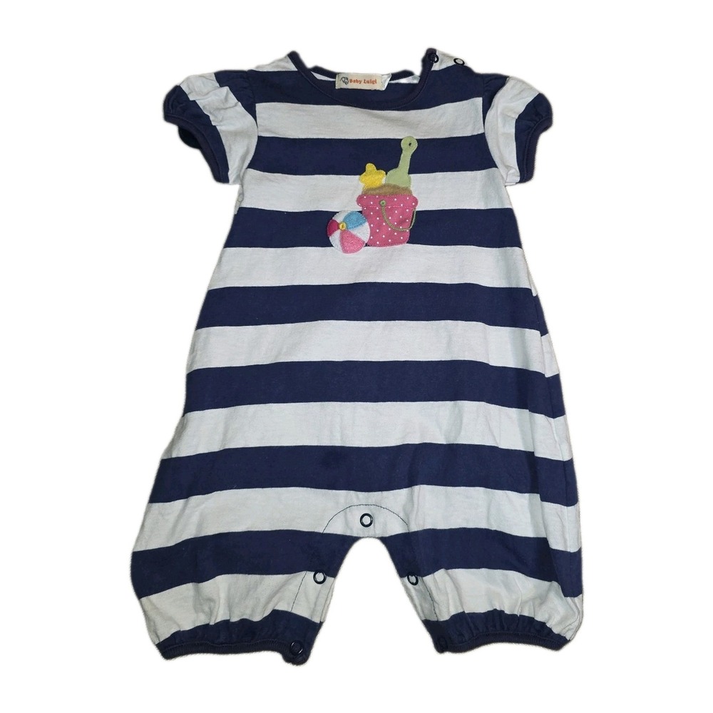 Baby Luigi Size 9 Mo Blue & White Striped Romper W Beach Appliqué 100% Cotton